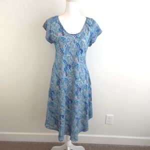 EYA Collection Women's Blue Paisley Print Silk Short Sleeve Swing Dress